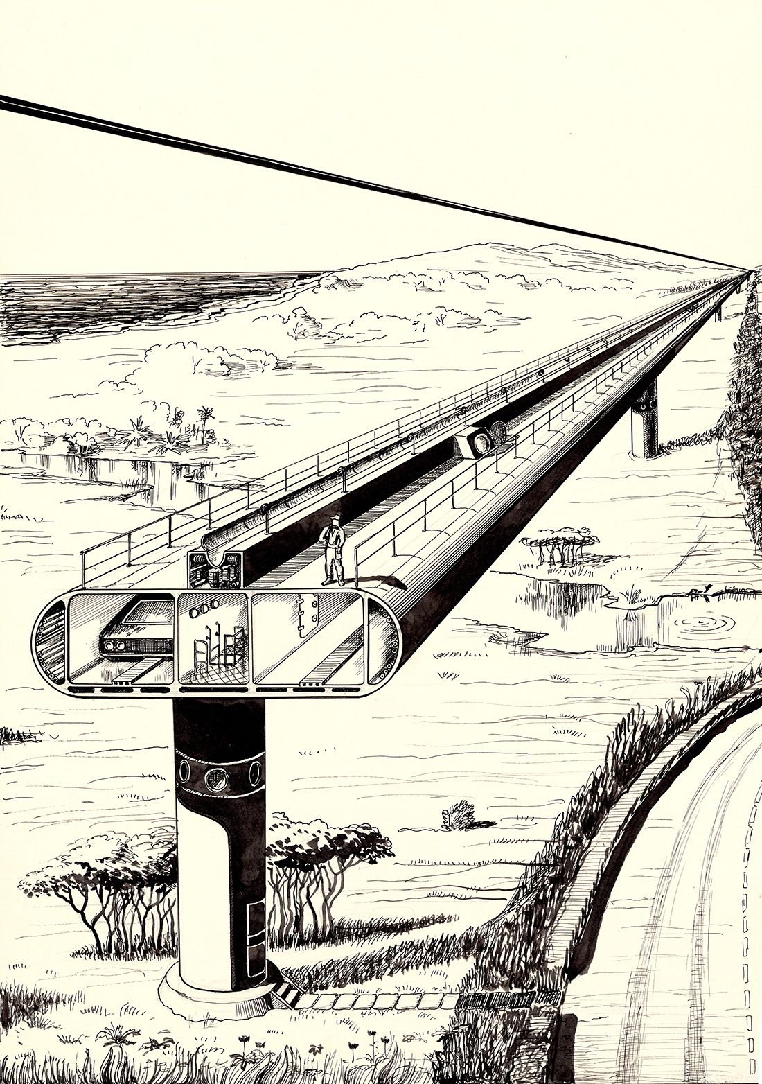 Плакат: эстакада ОТС на суше с вакуумными транспортными тоннелями