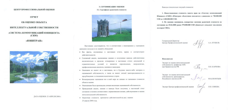 Инвестиционная стоимость интеллектуальной собственности Система коммуникаций Юницкого оценивается в 970 000 000 долларов США