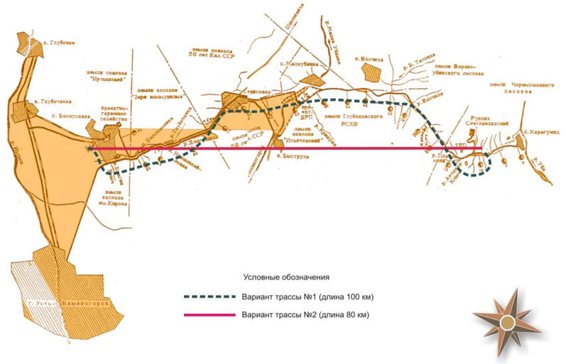 Грузовая однопутная трасса струнной транспортной системы Рудник Снегирихинский - обогатительная фабрика пос. Белоусовка: Схема расположения грузового участка трассы