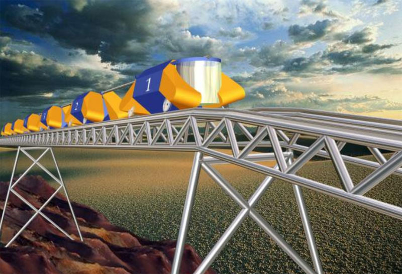 Грузовая однопутная трасса струнной транспортной системы Рудник Снегирихинский - обогатительная фабрика пос. Белоусовка: Эшелон на разгрузочном терминале