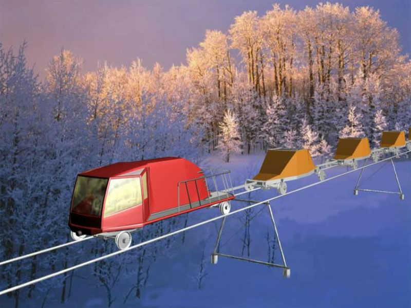 Грузовая однопутная трасса струнного транспорта Глушковичи - Ельск: эшелон грузовых модулей для перевозки щебня