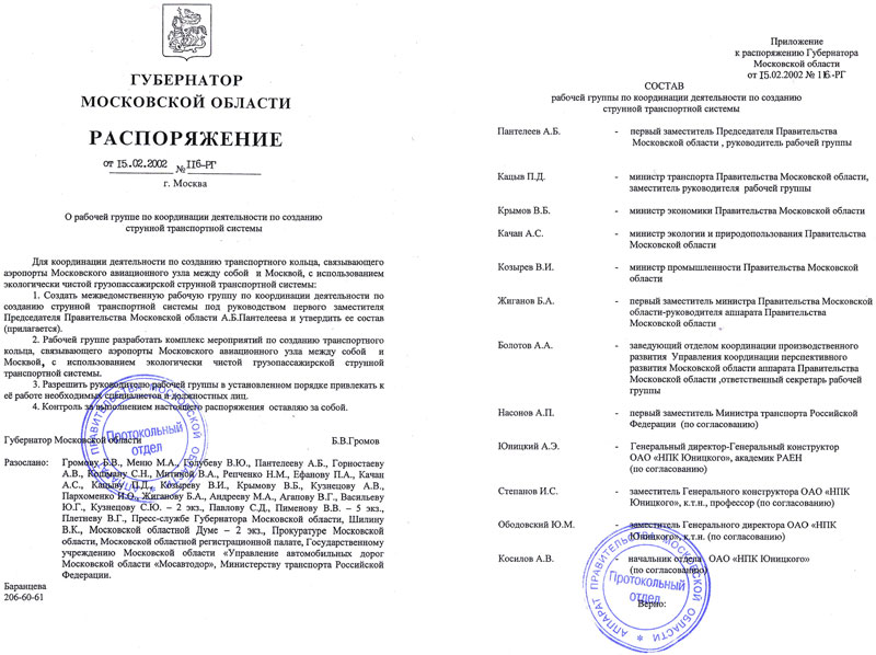 Распоряжение Губернатора Московской области Громова Б.В.