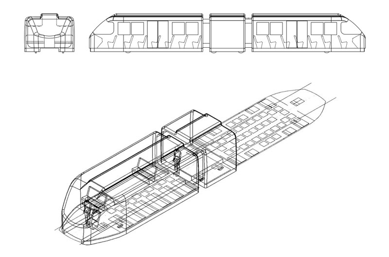 Струнная транспортная система Шереметьево - Быково - Домодедово - Внуково - Шереметьево: Общая компоновка пассажирского модуля вместимостью 85 чел.