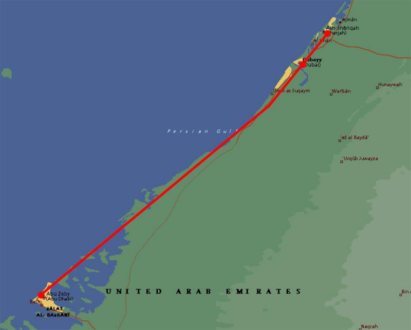 Высокоскоростная двухпутная грузопассажирская СТС Абу-Даби - Дубай - Шарджа: вариант прохождения трассы