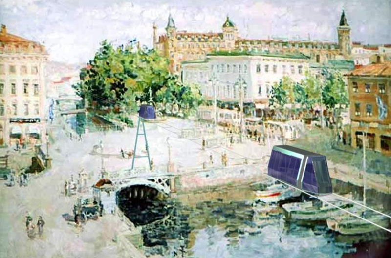 Пассажирская струнная транспортная система СТЮ в историческом центре города Гетеборг