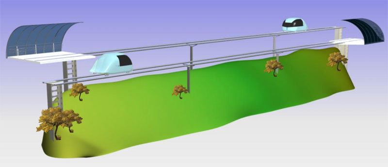 Действующий фрагмент струнного транспорта Юницкого для участия во Всемирной выставке ЭКСПО-2005: Внешний вид двухпутной модели действующего фрагмента СТЮ