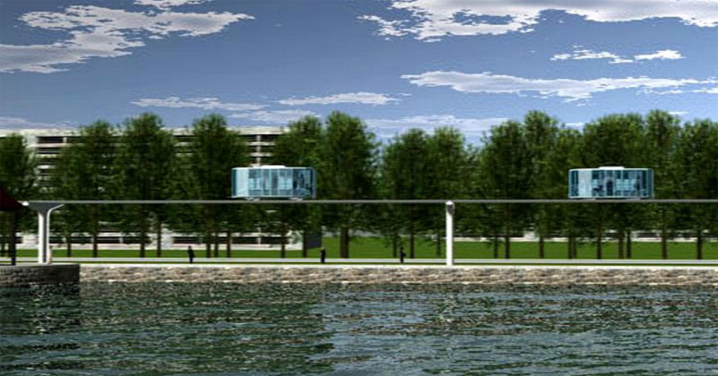 Вид пассажирского рельсового автомобиля Ю-362 (юнибуса) на городской двухпутной трассе Струнного транспорта Юницкого в г. Хабаровске