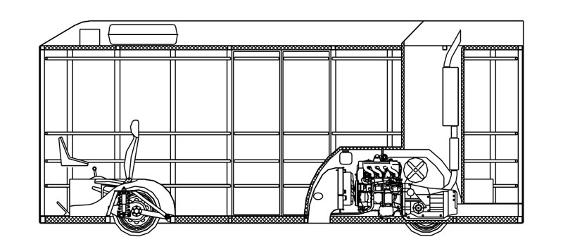 Компоновка Ю-362 с кормовым расположением силового агрегата на базе дизельного двигателя ГАЗ-5603 и автоматической коробки передач 5HP 19 FL