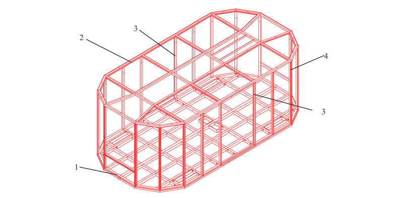 Конструкторская документация на силовой каркас макро-юнибуса модели Ю-362: Каркас сварной 1 - рама нижняя; 2 - рама верхняя; 3 - коробки дверные; 4 - стойки вертикальные