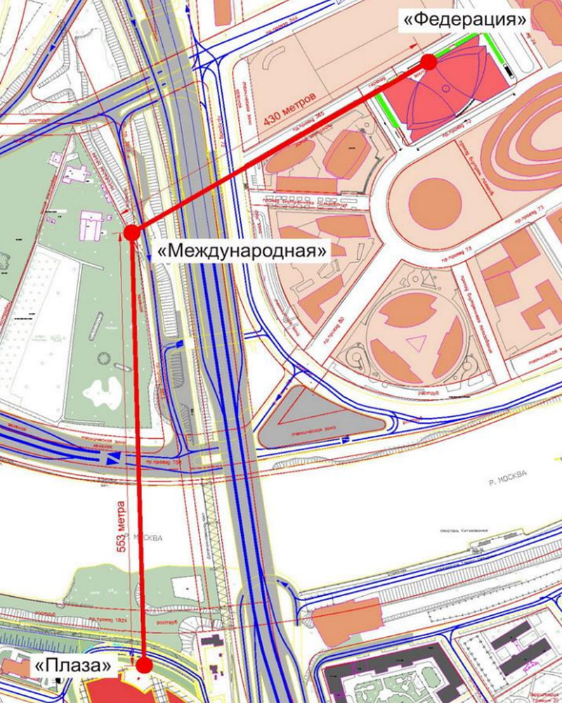 Подвесная монорельсовая система MIRAX LRS с использованием технологий моноСТЮ: Схема прохождения двухпутной трассы на участке Федерация - Международная - Плаза