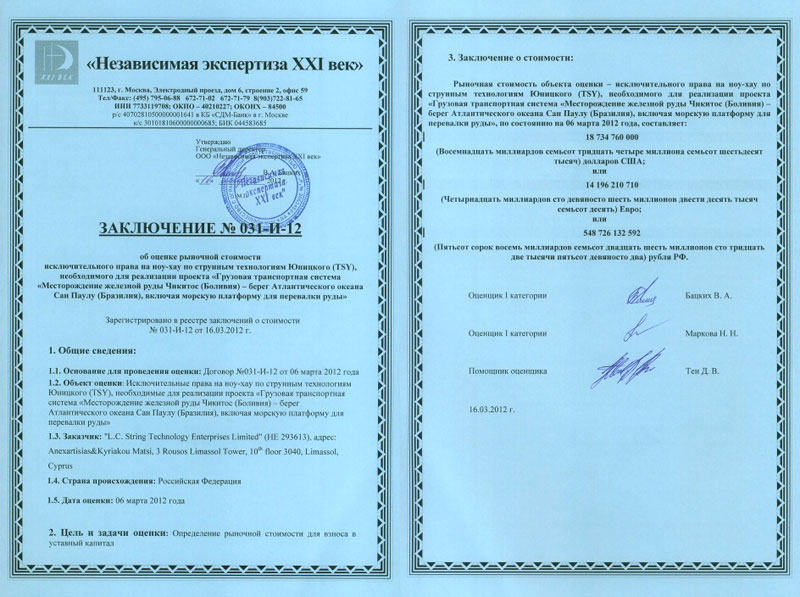 Рыночная стоимость ноу-хау по струнным технологиям Юницкого, необходимых для реализации проекта по транспортировке железной руды в Южной Америке, составляет 18 734 760 000 долларов США
