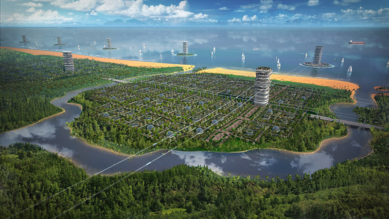 Концепция линейного города по Sky Way технологии: вид с берега