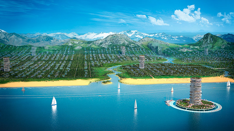Концепция линейного города по Sky Way технологии: вид с моря