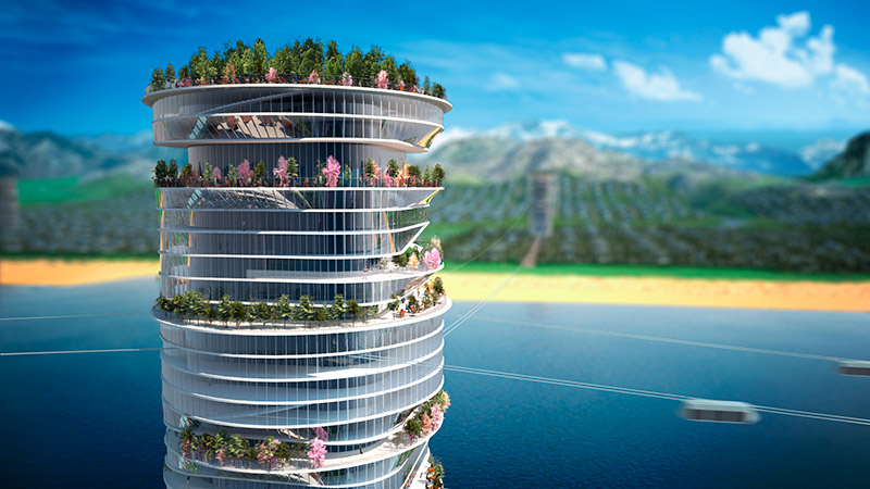 Концепция линейного города по Sky Way технологии: высотное здание вблизи