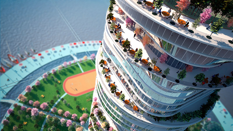 Концепция линейного города по Sky Way технологии: высотное здание сверху