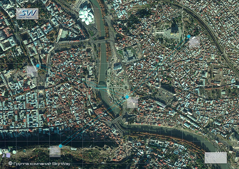 Карта исторического центра Тбилиси с предполагаемыми станциями подвесного городского SkyWay