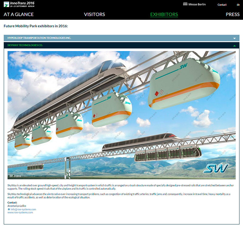Официальные представители SkyWay получили приглашение принять участие в берлинской ярмарке транспортной техники и транспортных систем InnoTrans - одном из самых значимых событий в мире транспорта, которое определяет основные тренды развития этой области на десятилетия вперёд
