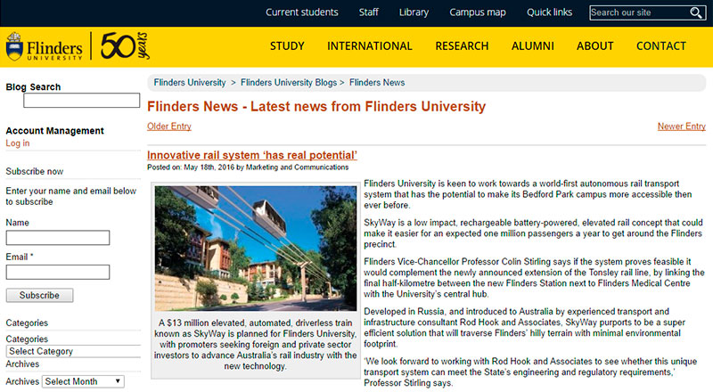 СМИ о SkyWay: университет Флиндерс, Австралия