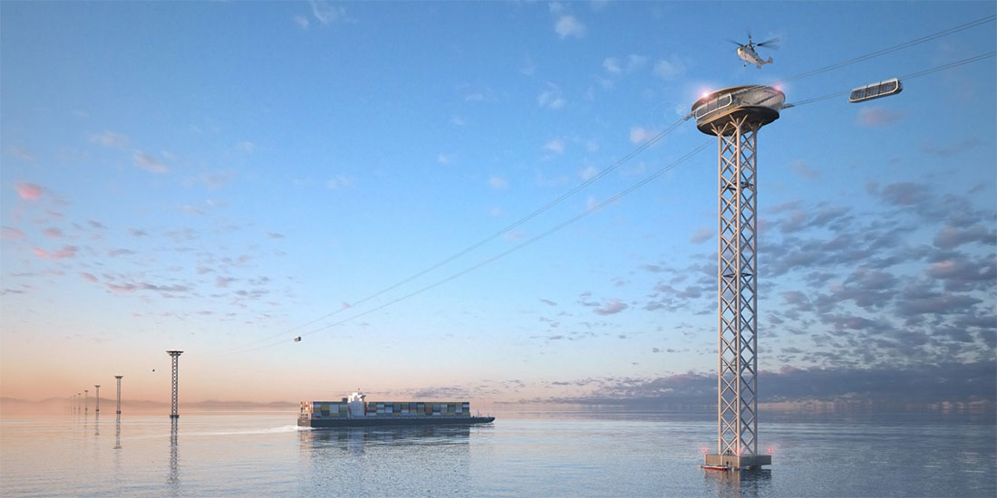 Пересечение пролива высотными опорами SkyWay с шагом 1 км