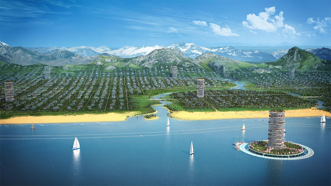 Линейный город SkyWay на берегу и шельфе моря