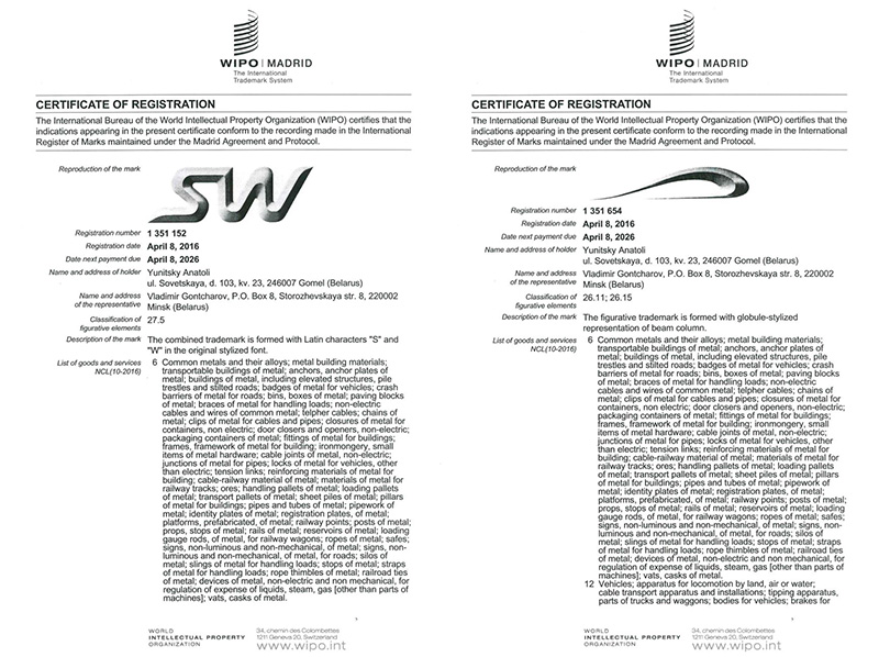 Всемирная организация интеллектуальной собственности (World Intellectual Property Organization, WIPO) выдала Анатолию Юницкому два сертификата о регистрации товарных знаков